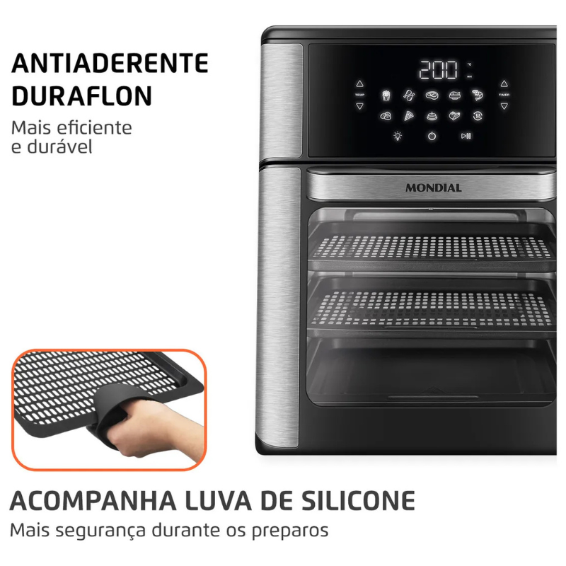 Fritadeira Air Fryer Forno Oven 12L Mondial Preto/Inox 2200W AFON-12L-BI