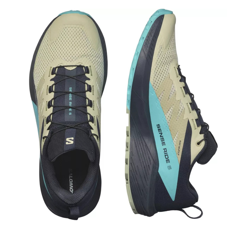 Salomon Sense Ride 5 Tênis Masculino  Bege Azul Trail Running