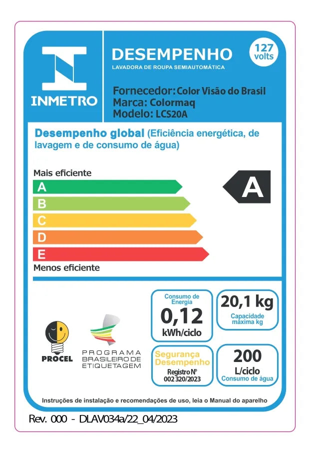 Máquina de lavar Roupas semi-automática Tanquinho Colormaq LCS 20kg