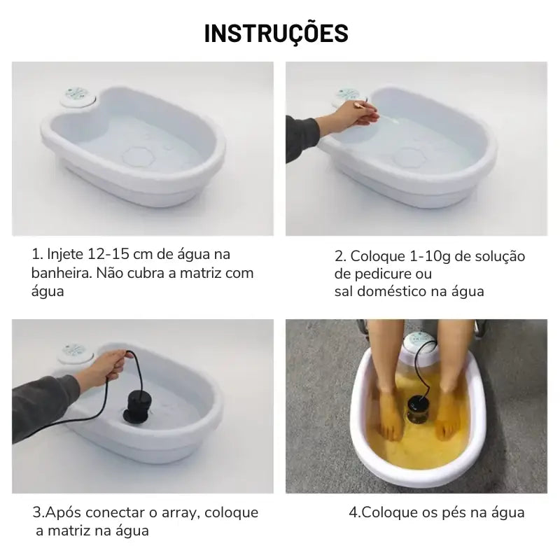 Banho de pés ou bacia de cerâmica branca com instruções de uso passo a passo.