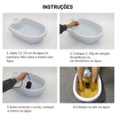 Banho de pés ou bacia de cerâmica branca com instruções de uso passo a passo.