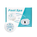 Dispositivo de spa para os pés com unidades circulares brancas e embalagem azul-petróleo.