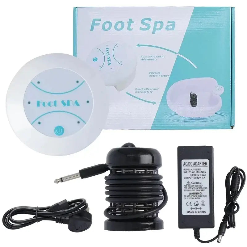 Dispositivo de spa para os pés com acessórios, incluindo uma unidade de controle, adaptador de energia e embalagem.