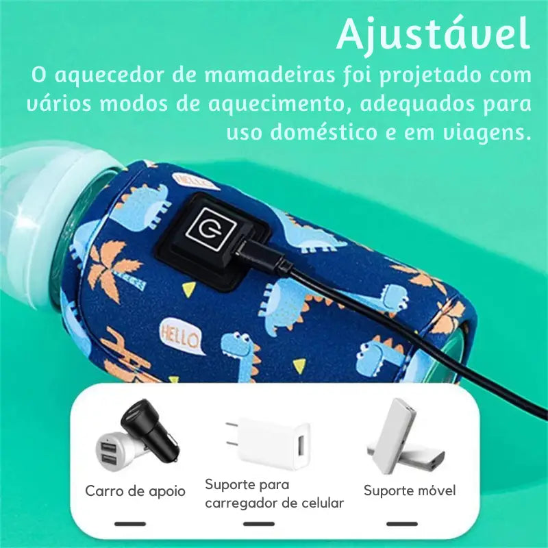 Aquecedor de mamadeiras com capa de tecido azul com estampa de dinossauro e modos de aquecimento ajustáveis.