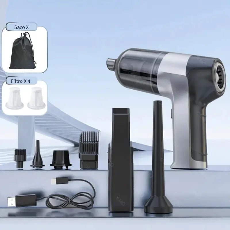Aspirador de pó portátil com vários encaixes e acessórios.