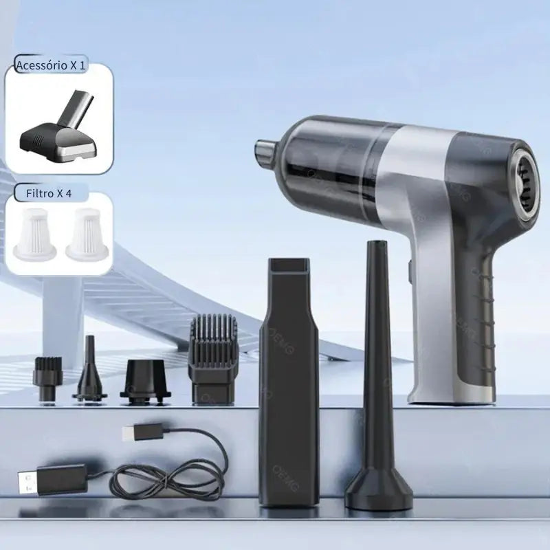 Aspirador de pó portátil com vários encaixes e acessórios.