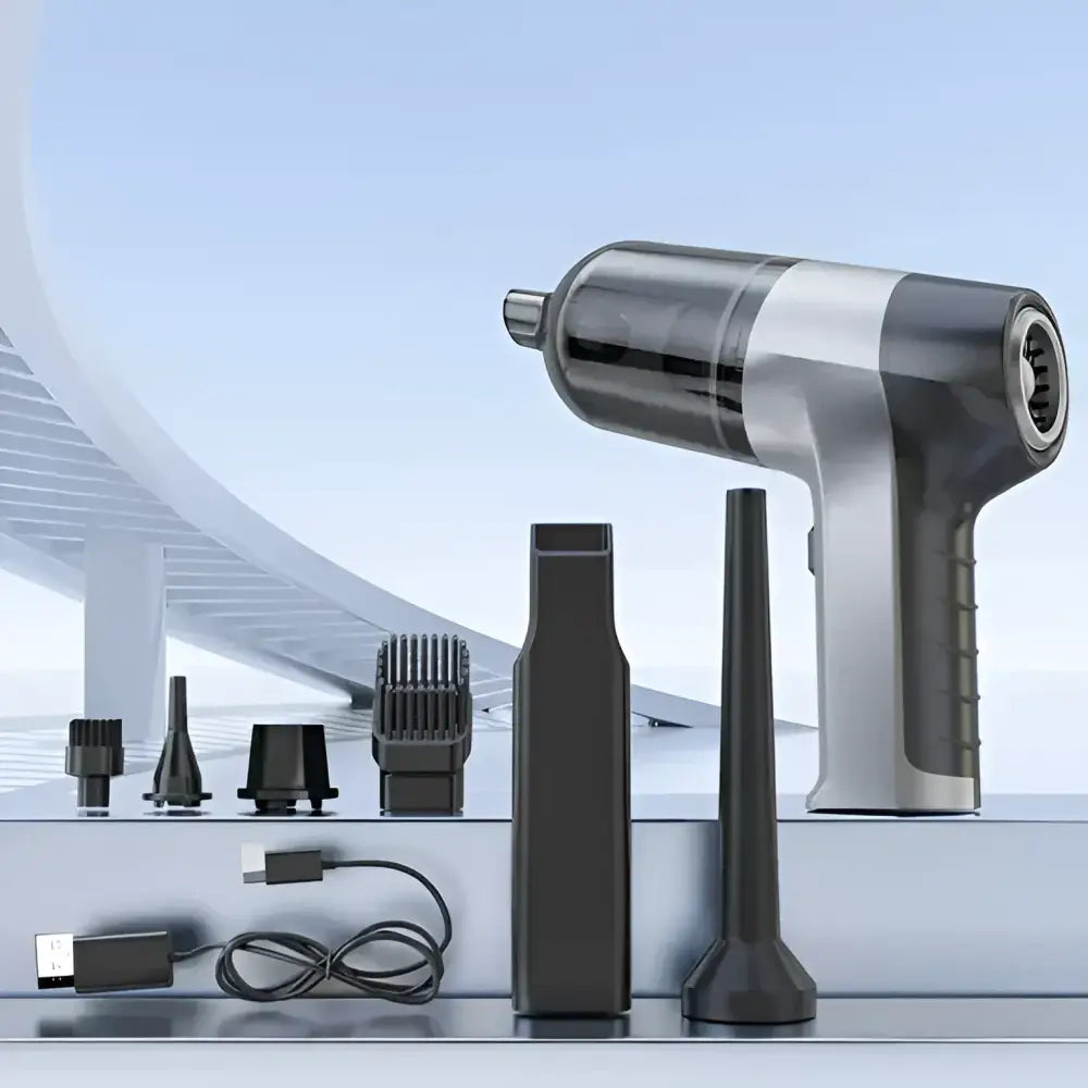 Dispositivo de limpeza elétrico portátil com vários acessórios.