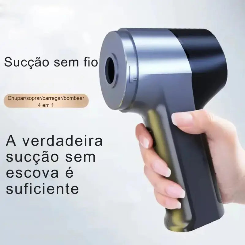 Aspirador de pó portátil sem fio com corpo metálico e preto.