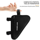 Bolsa triangular preta para quadro de bicicleta com zíper e alças.