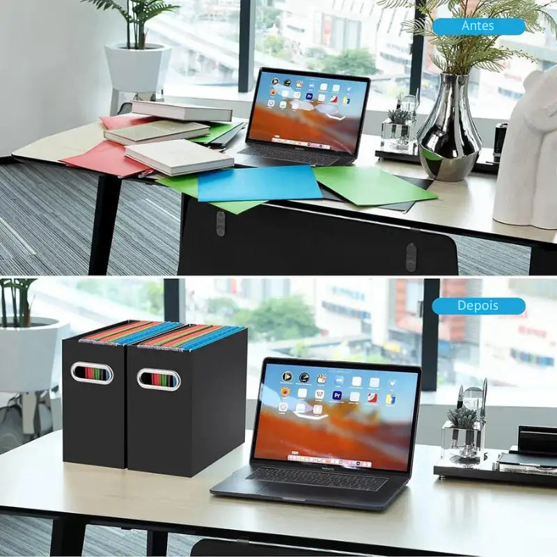 Comparação entre o antes e o depois da organização do espaço de trabalho de uma mesa.