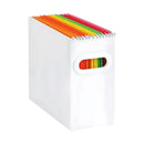 Organizador de arquivos branco com pastas suspensas coloridas.