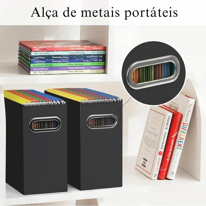Suportes de livros portáteis de metal com recortes coloridos em forma de lápis nas laterais.