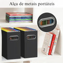 Suportes de livros portáteis de metal com recortes coloridos em forma de lápis nas laterais.