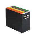 Caixa de arquivo preta contendo pastas de arquivo suspensas coloridas.