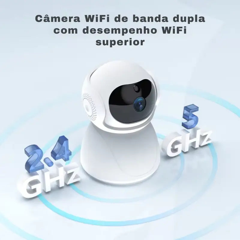 Câmera de segurança WiFi branca esférica em uma base circular com capacidade de banda dupla.