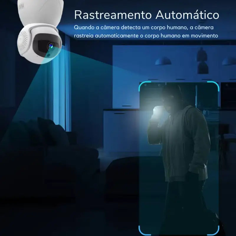 Câmera de segurança com capacidade de rastreamento automático para detectar movimentos humanos.