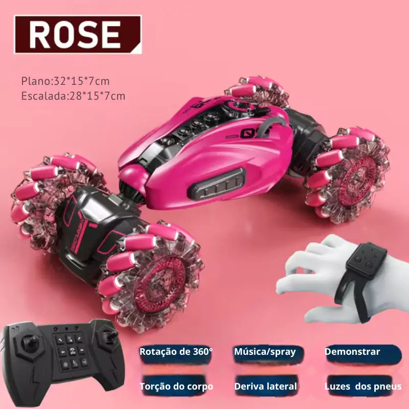 Carro de acrobacias com controle remoto rosa brilhante e rodas com pontas de tamanho grande.