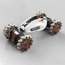 Veículo todo-terreno futurista com quatro rodas esféricas e uma carroceria branca e elegante.