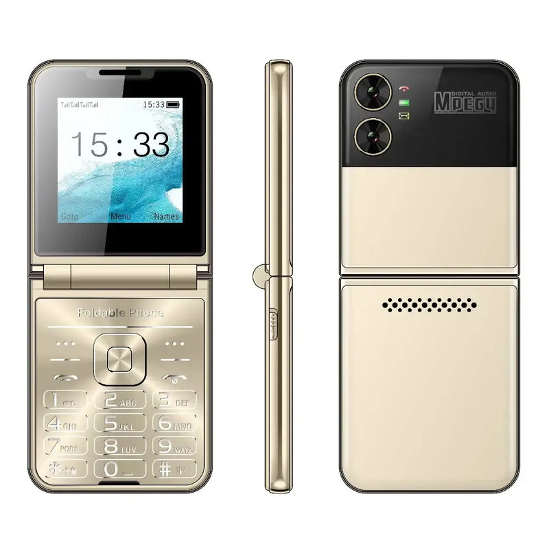 Telefone flip com design de tela dupla e câmeras traseiras duplas em um esquema de cores dourado.