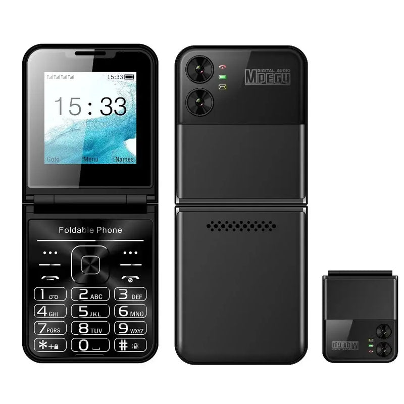 Telefone flip com design de tela dupla e teclado numérico.