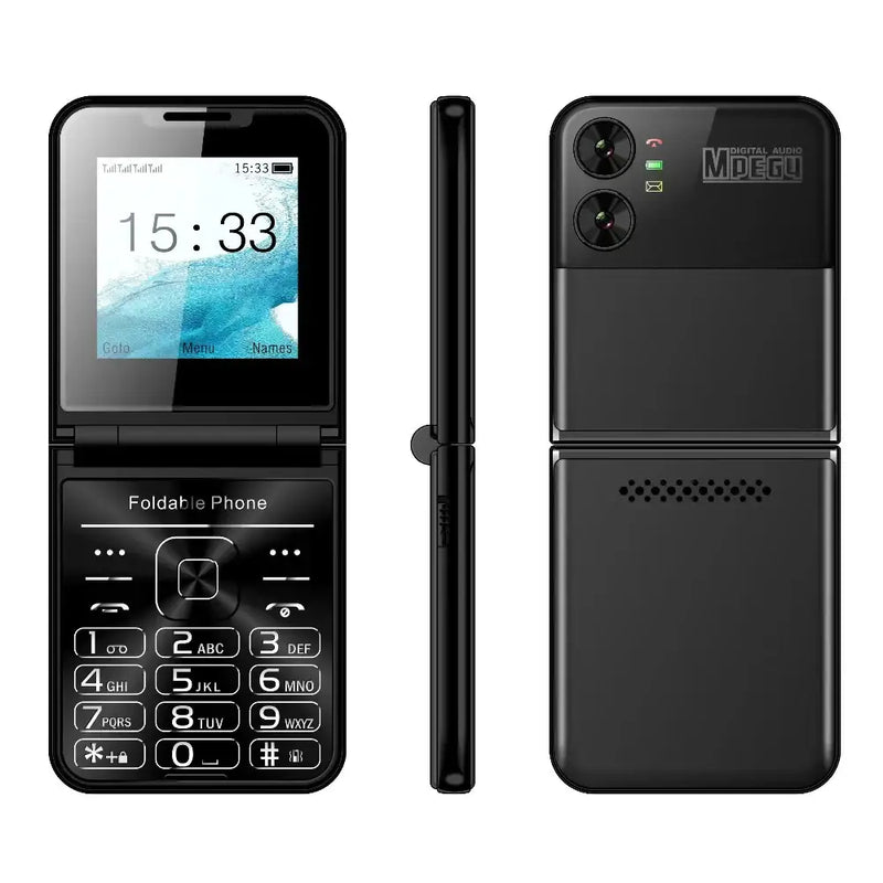 Telefone flip com um teclado e uma pequena tela que exibe a hora 15:33.