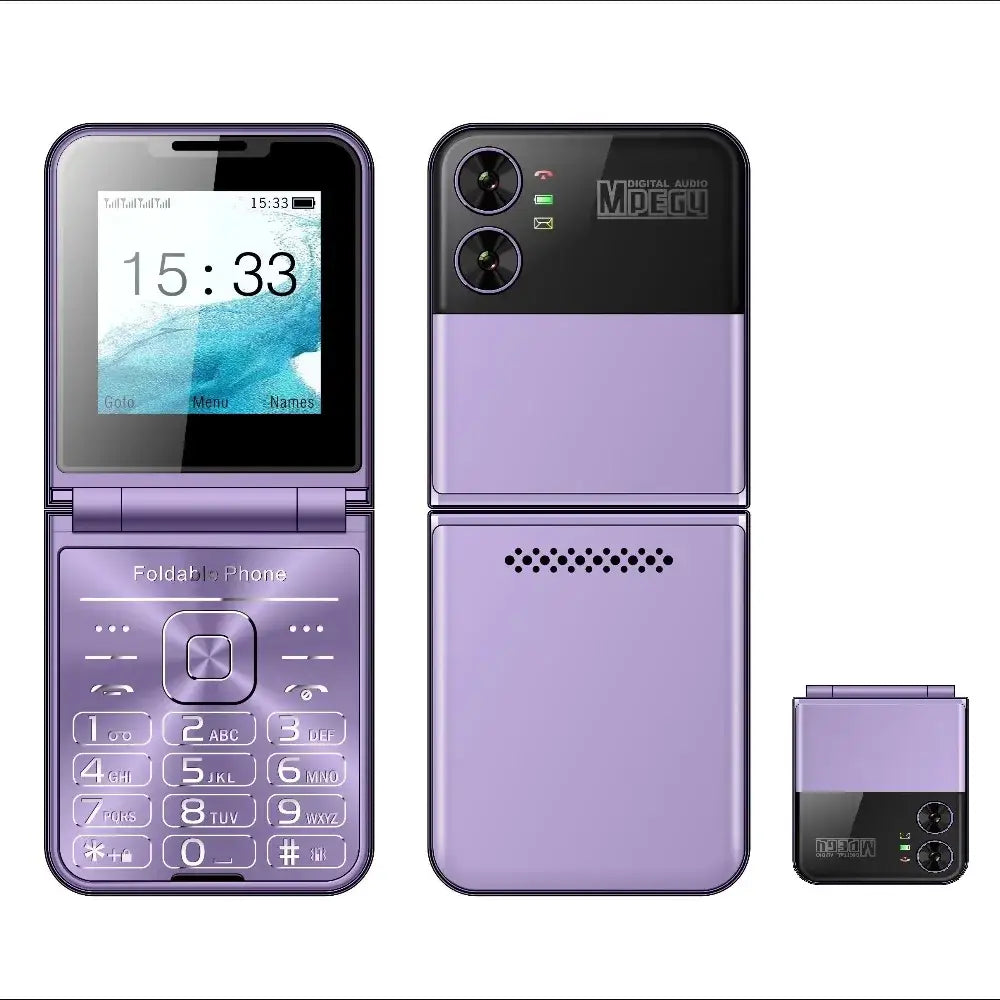 Telefone flip roxo com duas câmeras e um teclado numérico.