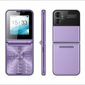 Telefone flip com um esquema de cores roxo e câmeras traseiras duplas.