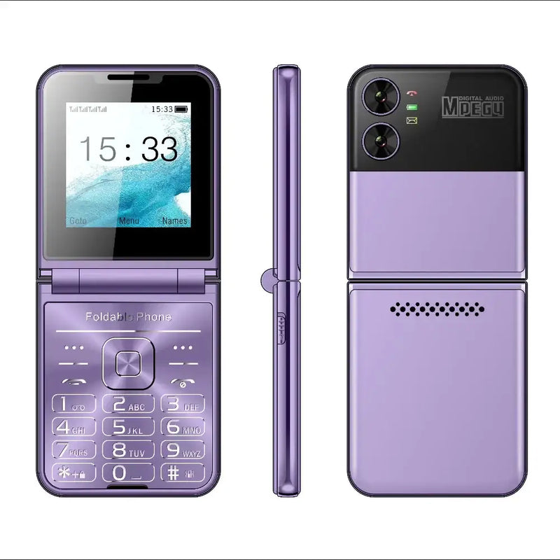 Telefone flip com um esquema de cores roxo e câmeras traseiras duplas.