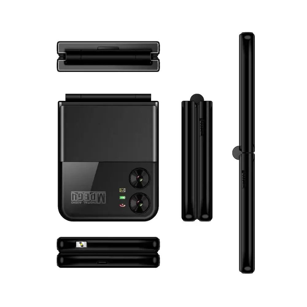 Smartphone dobrável com duas telas e um módulo de câmera.