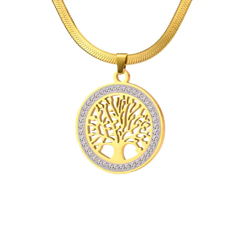 Colar de pingente de ouro com o desenho de uma árvore da vida circundada por cristais.