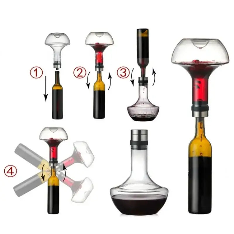 Conjunto de aerador e decantador de vinho com vários acessórios para aprimorar o sabor do vinho.