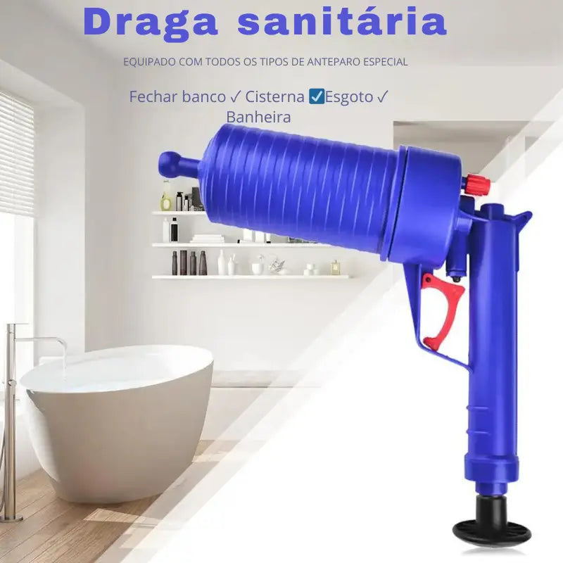 Ferramenta de limpeza de drenos em estilo êmbolo azul com uma alça de gatilho vermelha.