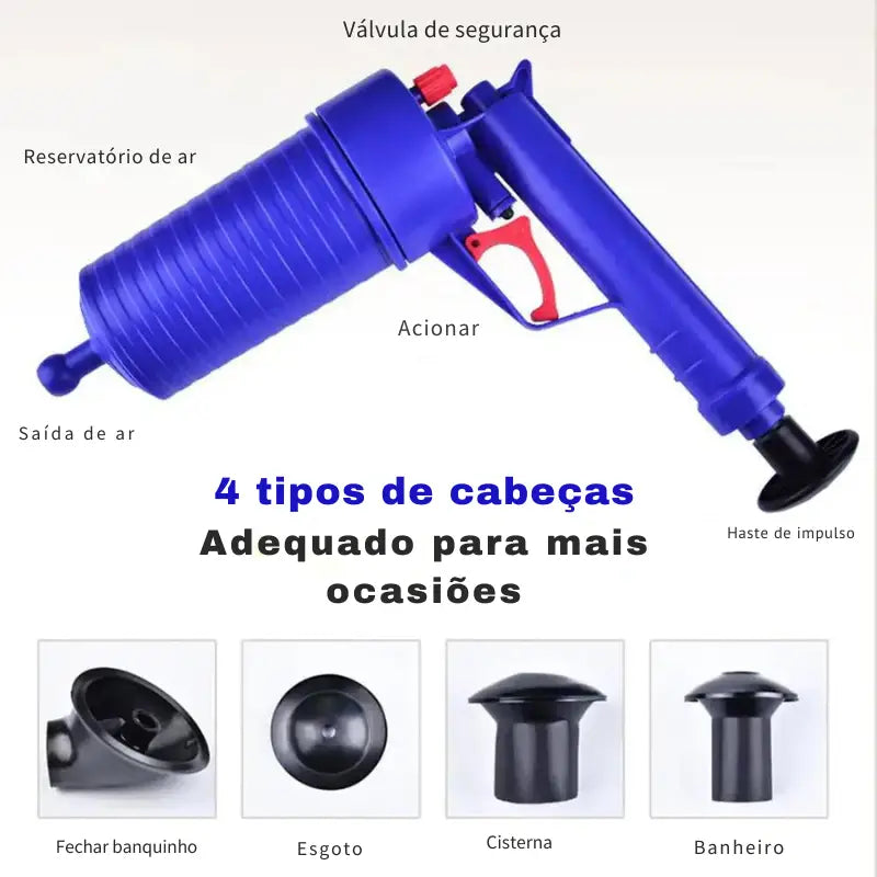 Êmbolo de plástico azul com várias cabeças intercambiáveis para diferentes aplicações de encanamento.