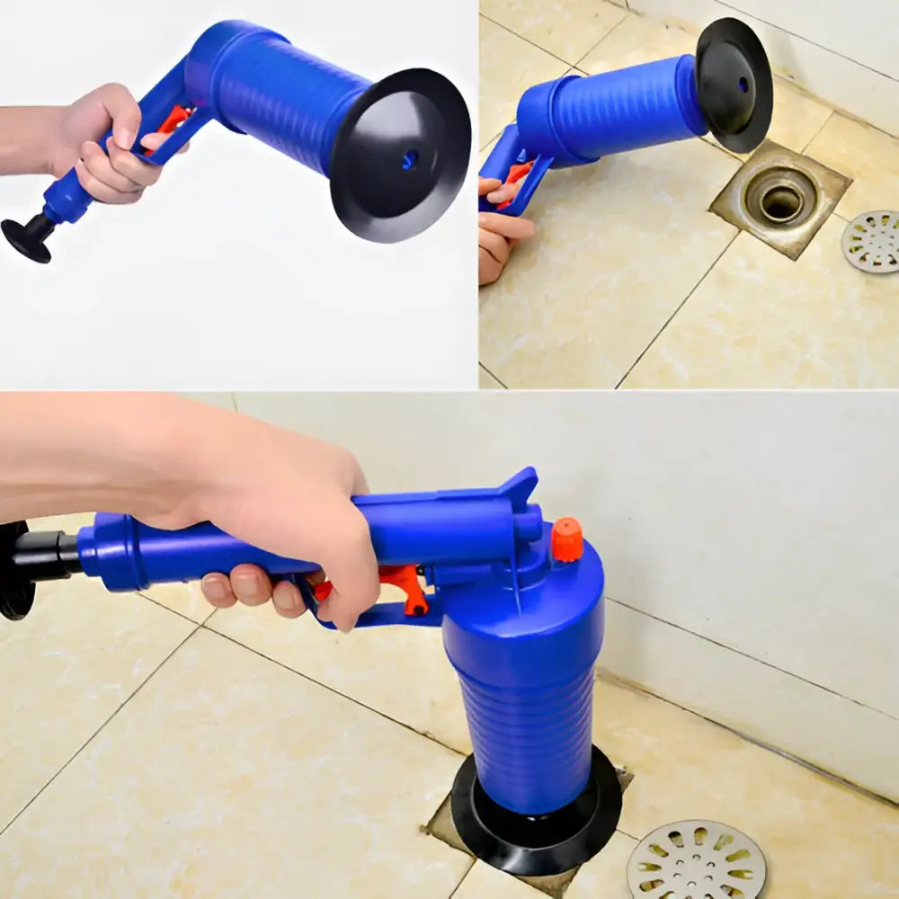 Dispositivo portátil azul semelhante a um desentupidor para desobstruir ralos ou canos.