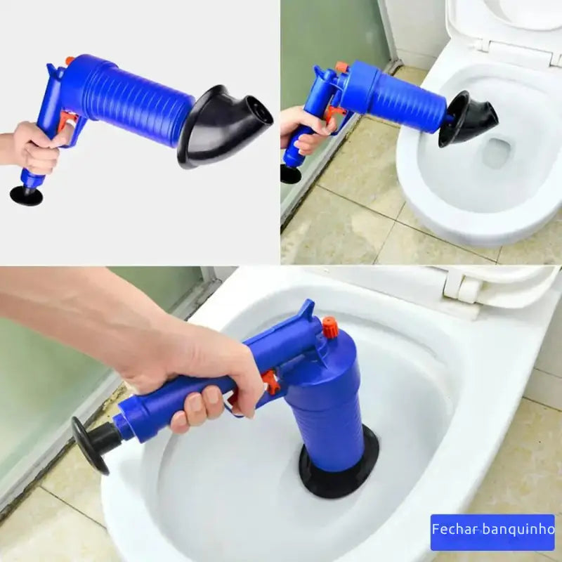 Dispositivo portátil semelhante a um desentupidor com cabo azul e ventosa preta para desentupir vasos sanitários.