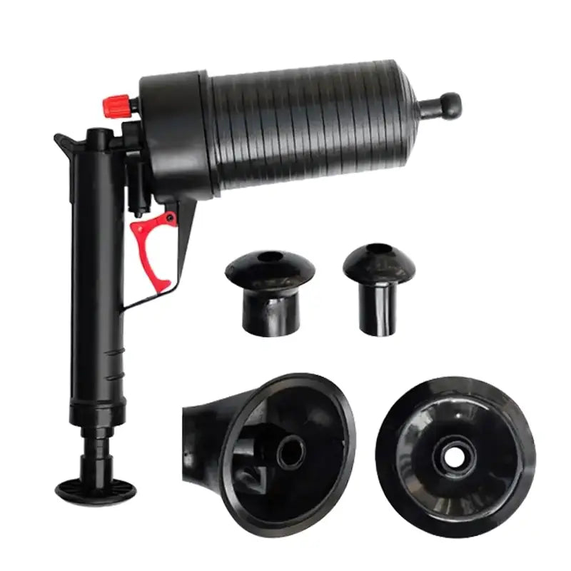 Ferramenta de limpeza de drenos de encanamento com vários acessórios.