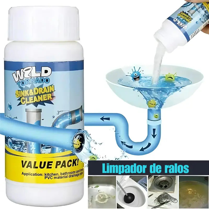 Produto para limpeza de ralos com uma ilustração mostrando sua aplicação no desentupimento de canos.
