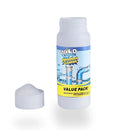 Frasco plástico branco de limpador de ralos com rótulo azul e amarelo.