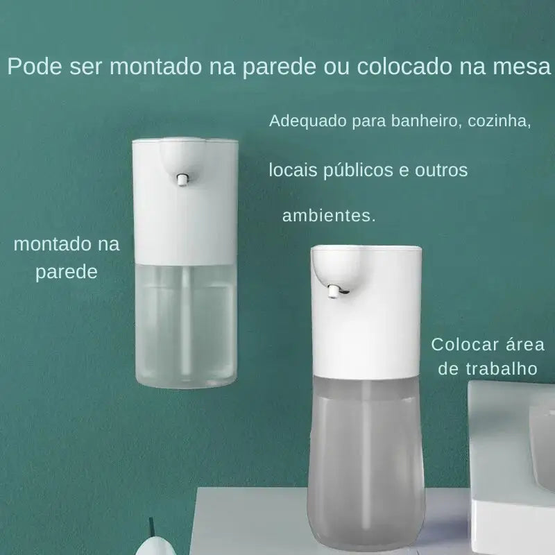 Distribuidor automático de sabão com duas opções de montagem: na parede ou em uma mesa.