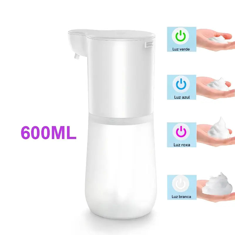 Dispensador automático de sabão com opções de luz que mudam de cor e capacidade de 600 ml.