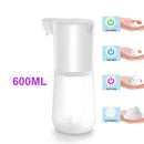 Dispensador automático de sabão com opções de luz que mudam de cor e capacidade de 600 ml.