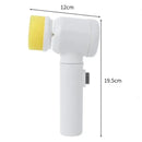 Escova de limpeza elétrica portátil com um acessório de esponja amarela.