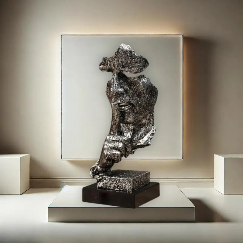 Escultura abstrata de metal representando um torso e uma cabeça humanos estilizados.