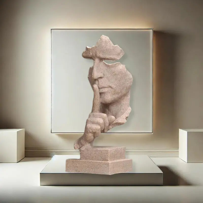 Escultura de um rosto humano com um dedo pressionado contra os lábios em uma pose contemplativa.