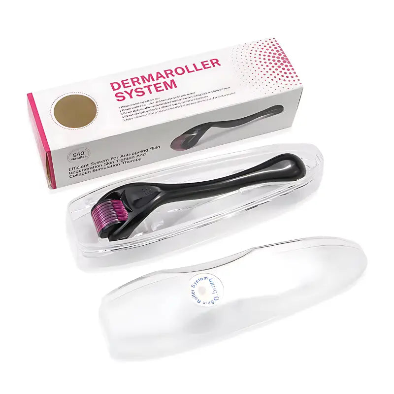 Sistema Dermaroller com um dispositivo de rolo portátil e embalagem.
