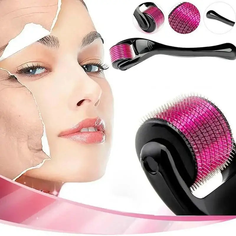 Derma roller com cilindro de microagulhas rosa para tratamentos de pele.