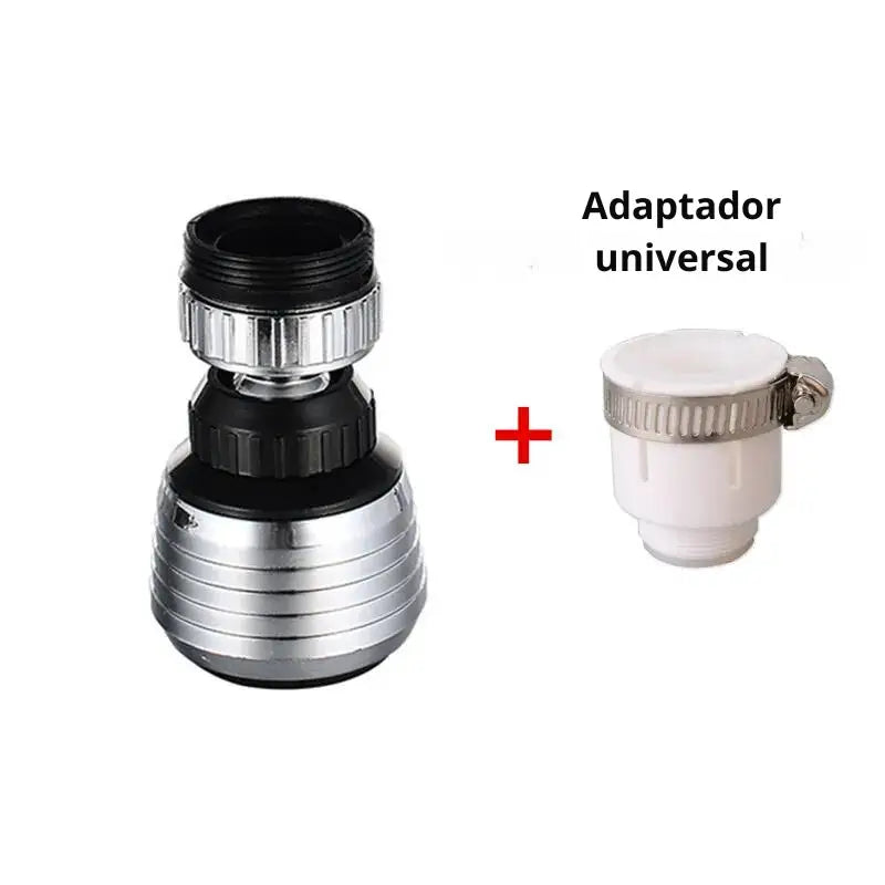 Aerador de torneira com configurações de spray ajustáveis e um adaptador universal separado.