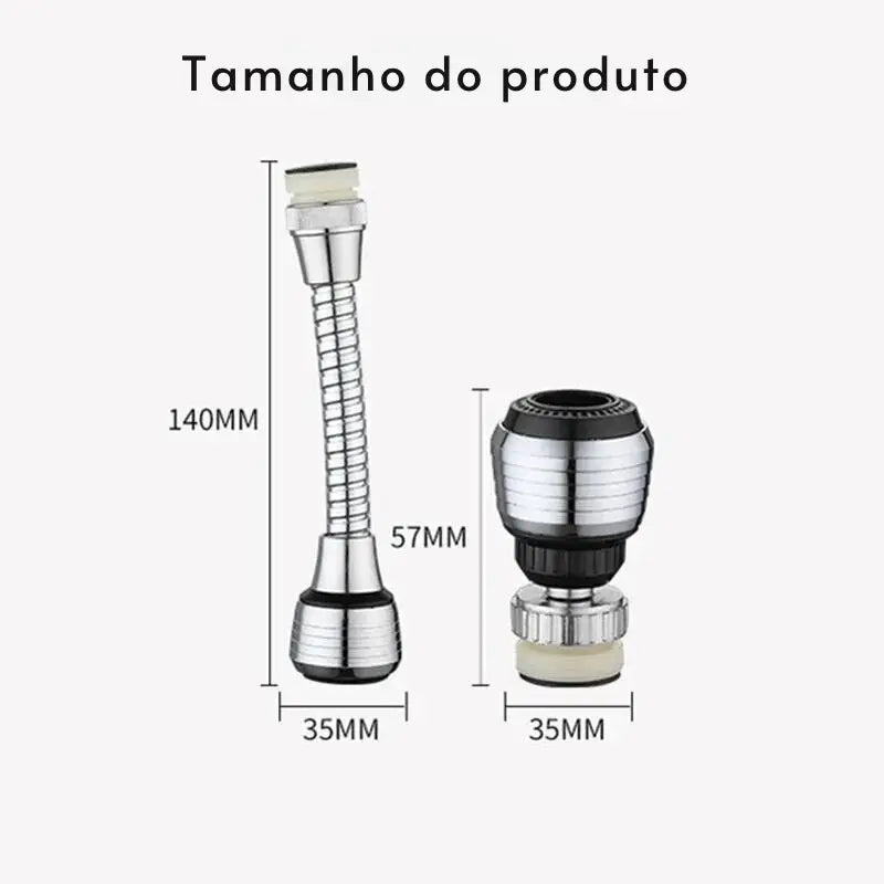 Acessório flexível de arejador de torneira com duas opções diferentes de bocal mostradas lado a lado.