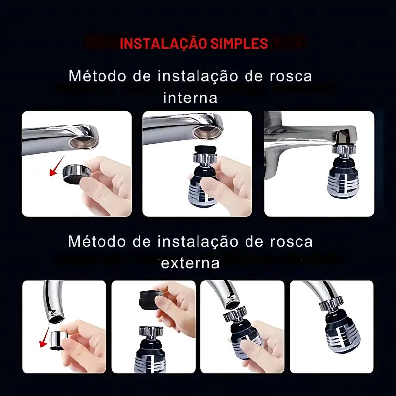 Guia de instalação do arejador de torneira mostrando os métodos de rosca interna e externa.