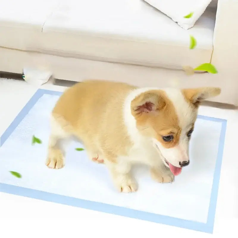 Filhote de cachorro fofo em pé sobre um tapete azul e branco com folhas verdes caindo ao redor.